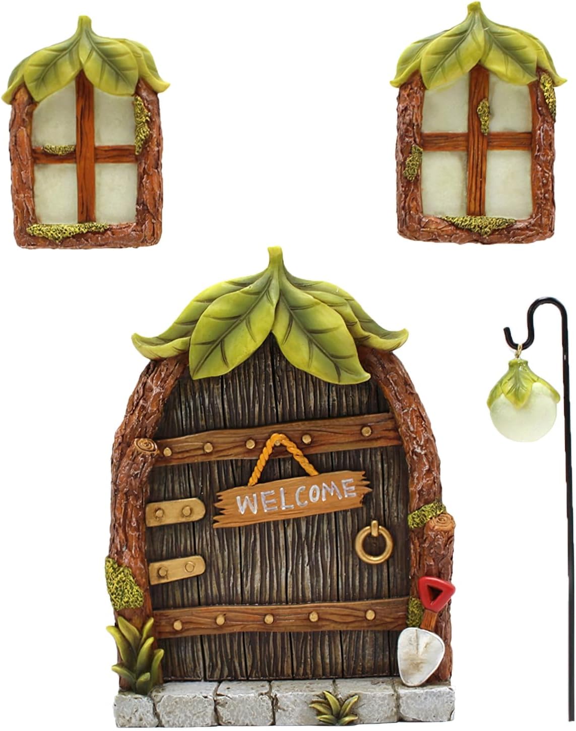 Fairy Door and Windows Garden Kit Accessories Outdoor, Glow in Dark Gnome House for Tree, Lawn Yard Art Sculpture, Miniature Garden Decor (Leaf)