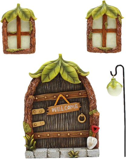 Fairy Door and Windows Garden Kit Accessories Outdoor, Glow in Dark Gnome House for Tree, Lawn Yard Art Sculpture, Miniature Garden Decor (Leaf)