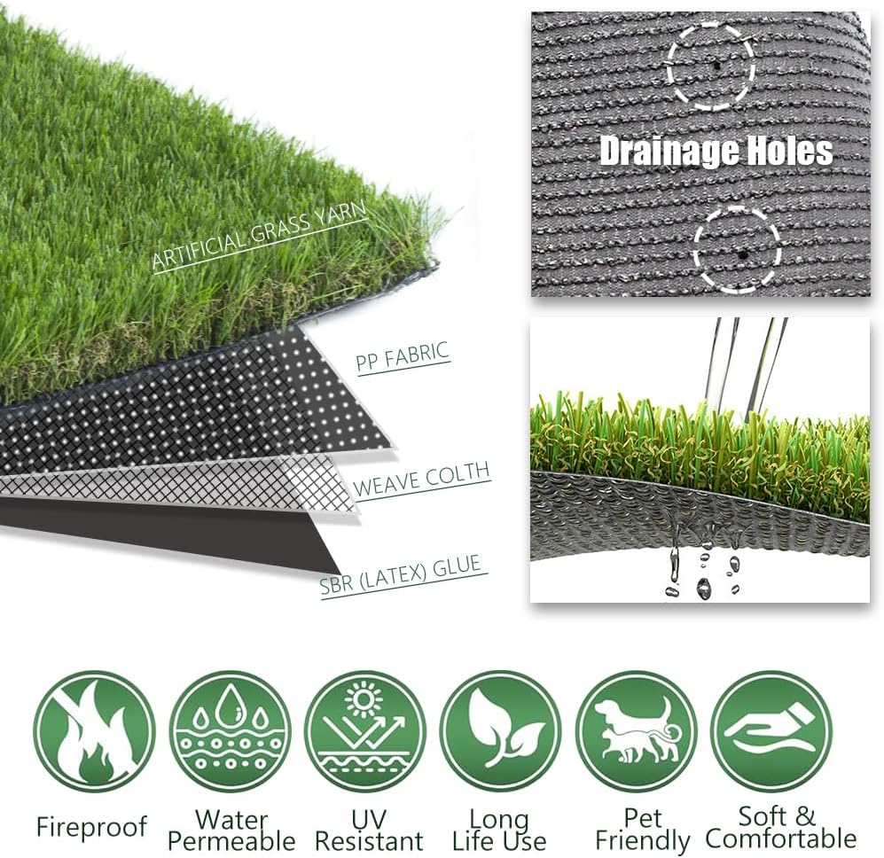 Petgrow Luxurious Artificial Grass Realistic Turf 11 X 49 Feet,1.57 Inch Pile Height Ultrathick Indoor/Outdoor Dog Fake Faux Grass,Synthetic Grass Rug Garden Landscape Patio,Drainage Holes