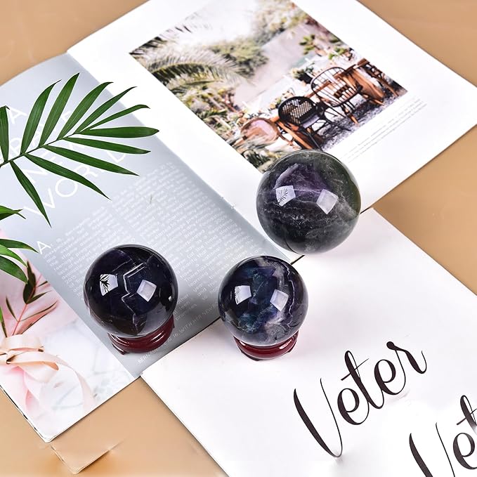 JIC Gem Natural Colorful Fluorite Crystal Sphere Crystal Decorative Ball with Wooden Stand Meditation Balls for Witchcraft Reiki Gift 60-70mm