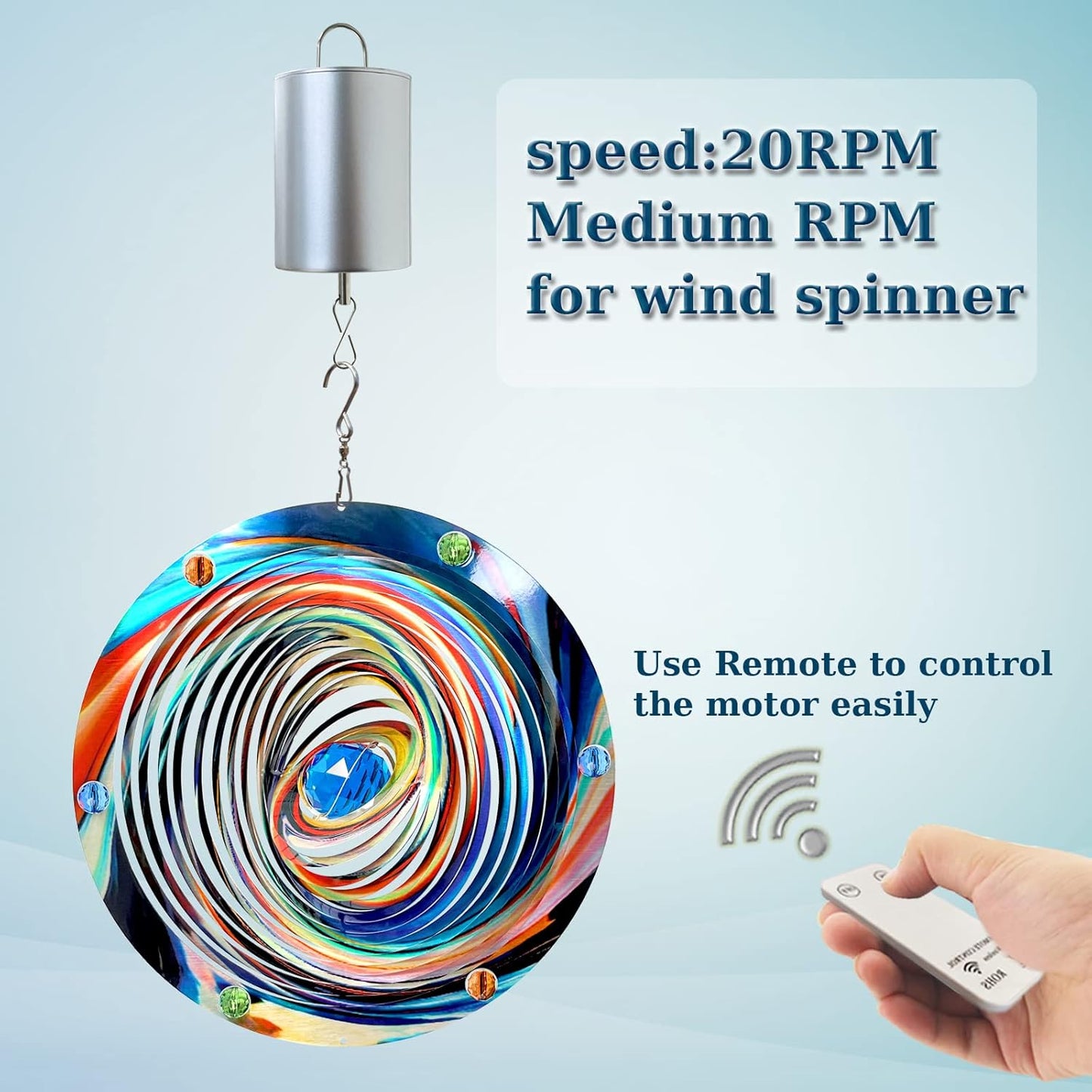 FONMY Wind Spinner Motor with Remote Battery Operated 20RPM Hanging Display Rotating Motor for Disco Ball Baby Crib Wind Chime Mobile Yard Decor Ornaments Outdoor Sculptures-Silver Color-Medium Speed