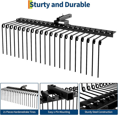 Tow Behind Landscape Rake, 60" Tow Dethatcher with 21 Steel Coil Tines, Lawn Dethatcher Rake Attaches to 48" or 60" Toolbars and 3-Point Suspension Systems, for Leaves, Pine Needles, and Grassn, Black