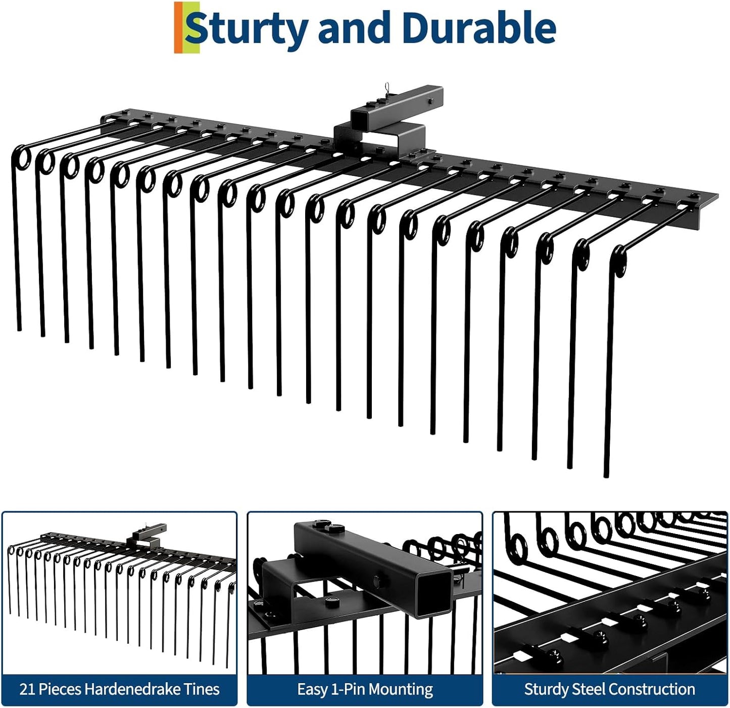 60 in Durable Pine Straw Rake, Steel Spring Landscape Rake Fits 2 in Receiver for Lawn Tractors or ATV/UTV, Black