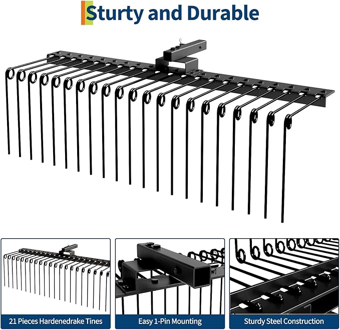 48 in Durable Pine Straw Rake Steel Spring Landscape Rake Fits 2 in Receiver for Lawn Tractors or ATV/UTV, Black