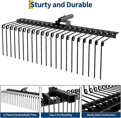 Tow Behind Landscape Rake, 48" Tow Dethatcher with 17 Steel Coil Tines, Lawn Dethatcher Rake Attaches to 48" or 60" Toolbars and 3-Point Suspension Systems, for Leaves, Pine Needles, and Grass, Black