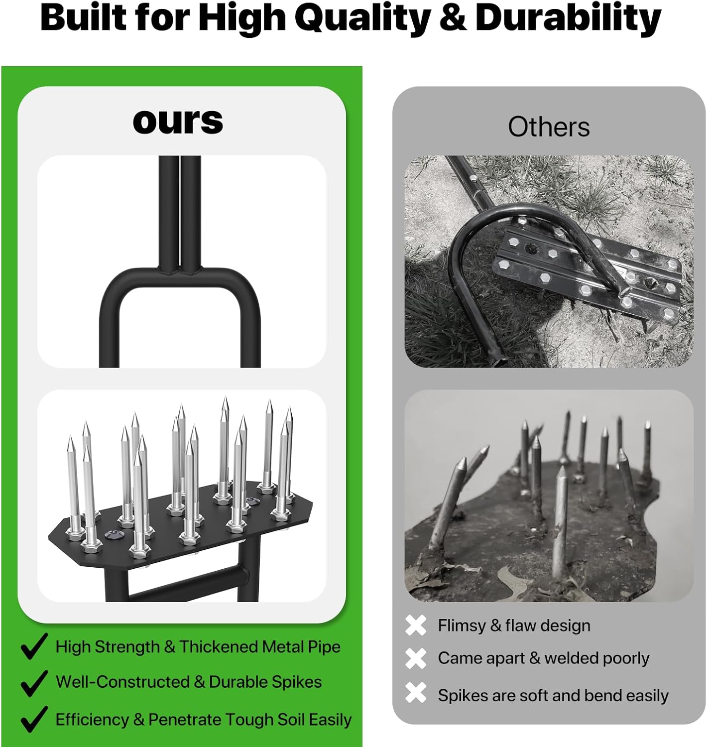 Lawn Aerator Spike Aeration Tool, Manual Air Aerator Tool for Lawn with Iron 18 Spikes, 38.8 Inch Hand Aerator for Grass, Yard, Heavy Duty Lawn Aerating Tool with Double-Pipe Handle, T-Grip, Black