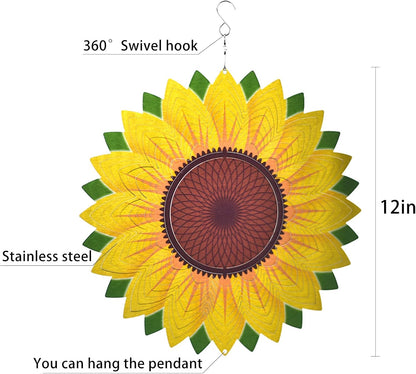 Wind Spinner Yard Art Garden Decor 3D Stainless Steel Metal Sculptures Sunflower Kinetic Hanging Whirligigs Decorations Backyard Outside Indoor Outdoor Patio Ornaments Clearance Sun Catcher Windmill
