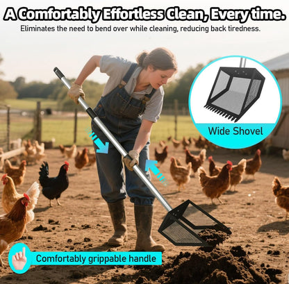 Chicken Poop Scooper for Coops Small Farm Animals with Fine Sieve Coop Rake 2-in-1 Scoop 24" to 67" Adjustable Stainless Steel Handle Durable Sand Sifting Litter Shovel for Animal Sheds Garbage
