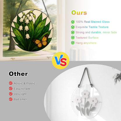 Lily of The Valley & Butterfly Stained Glass Suncatcher - Exquisite Sun Catchers for Windows with Metal Chain — Unique Window Decor, Stained Glass Window Hanging, Thoughtful Gift for Mom (12 Inch)