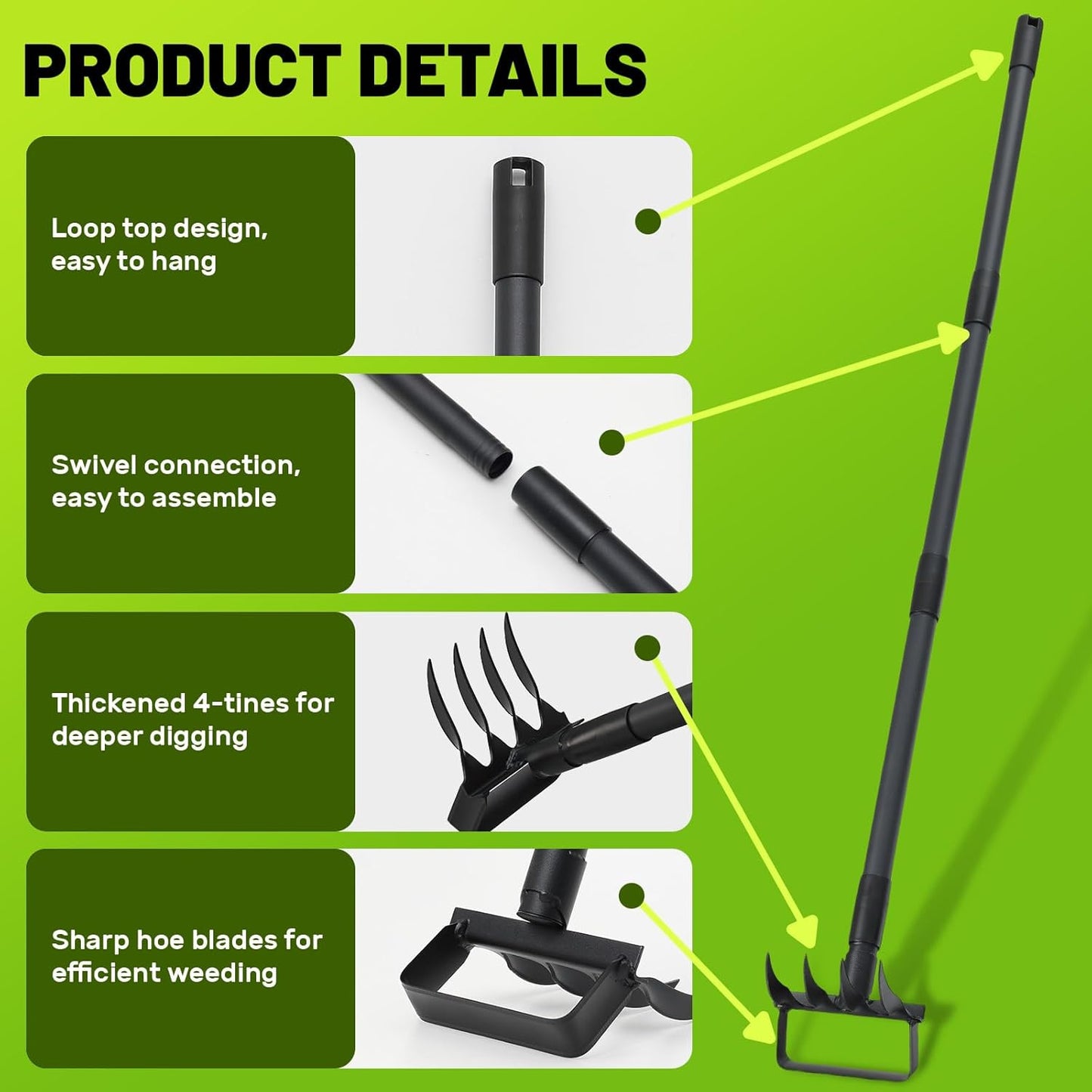 2 in 1 Weeding Tools Gardening Weed Puller with Long Handle,Stirrup Hula Garden Hoe with 4 Tines Rake,Garden Tiller Cultivator with 62.6" Adjustable Handle for Weeding,Seeding,Ditching,Loosening
