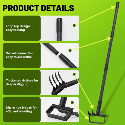 2 in 1 Weeding Tools Gardening Weed Puller with Long Handle,Stirrup Hula Garden Hoe with 4 Tines Rake,Garden Tiller Cultivator with 62.6" Adjustable Handle for Weeding,Seeding,Ditching,Loosening