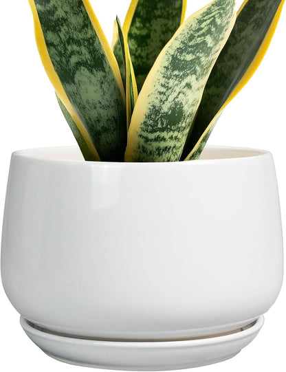 G EPGardening Ceramic Pots for Plants - 7 Inch Planter for Indoor Plants, Round Flower Pots with Drainage and Saucer, Modern Outdoor Planter, Garden Decor, Home Gifts, White