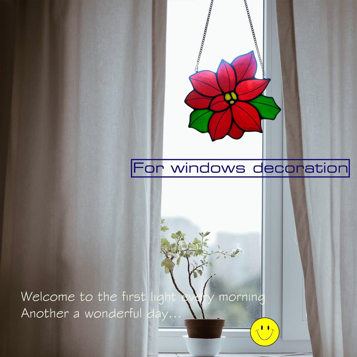 Stained Glass Poinsettia Flower Window Hanging Christmas Sun Catchers Holiday Decoration Window Panels Birthday Gifts for mom,Woman and Friends (red)