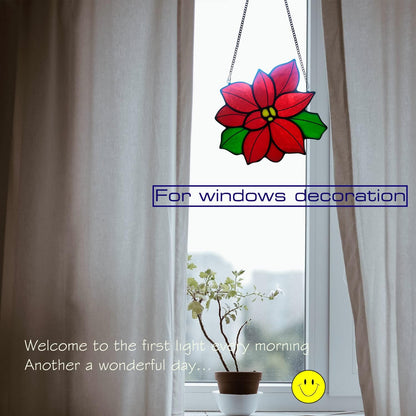 Stained Glass Poinsettia Flower Window Hanging Christmas Sun Catchers Holiday Decoration Window Panels Birthday Gifts for mom,Woman and Friends (red)