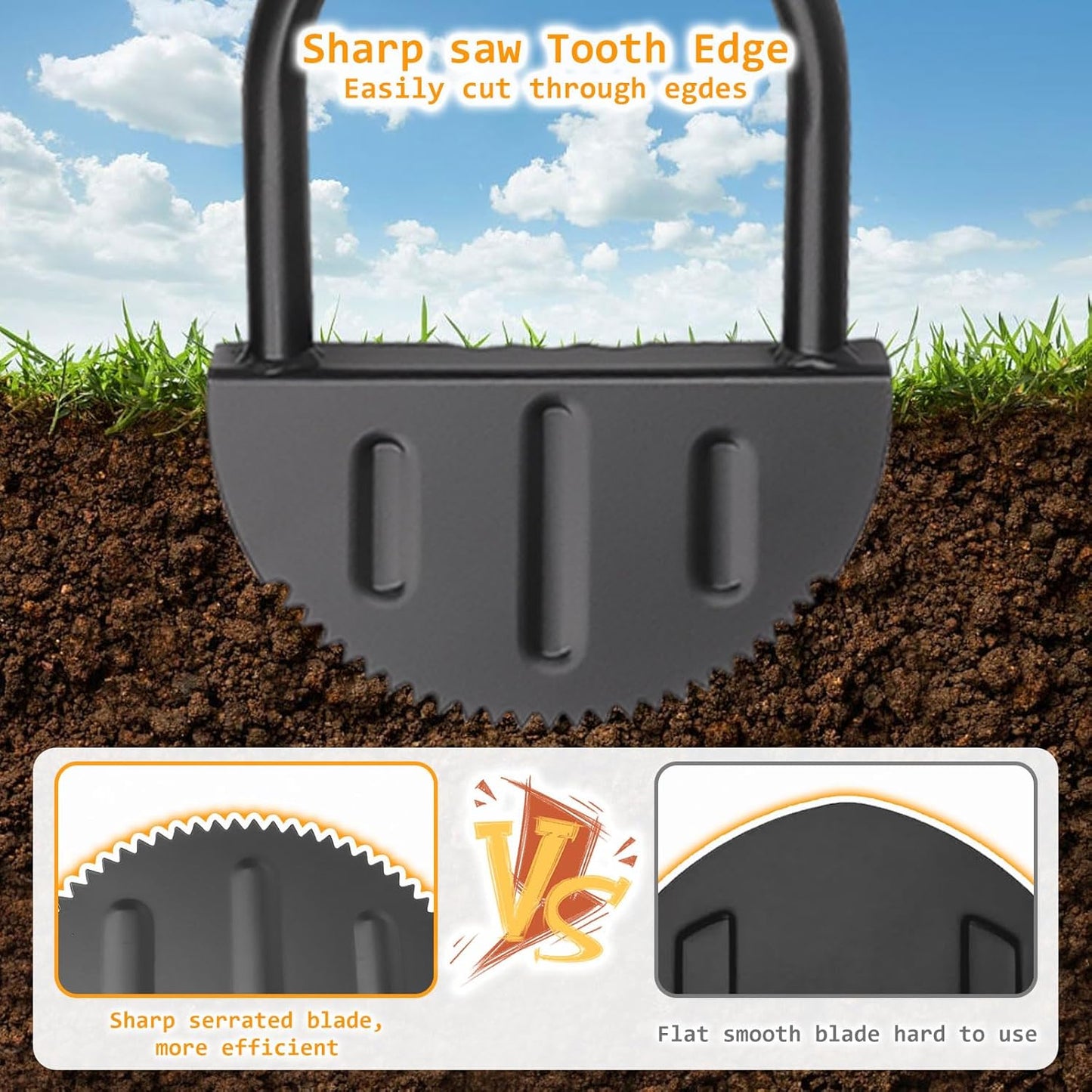Manual Edger Lawn Tool 37-inch, Half Moon Edger Chopper Lawn Tool with V-Shape Serrated Blade,Solid Steel Lawn Edger Tool with Soft T-Grip and Wide Footplate for Sidewalk,Grass,Yard,Landscape