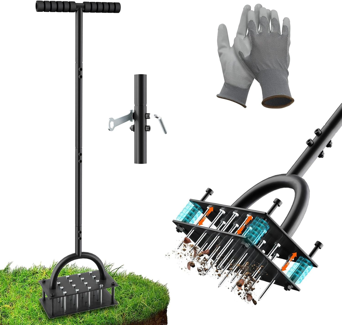 Lawn Aerator Tool (Pre-Assembled), 16 Iron Spikes with Spring-Loaded Auto Cleaning, Ergonomic T-Handle, Manual Grass Aerators for Lawn, Yard, Garden Soil Loosening & Aeration, Gloves Included (Black)