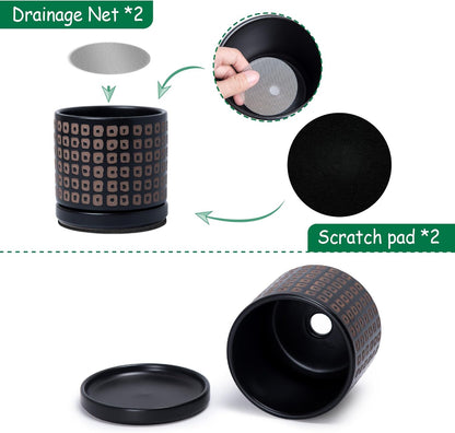 D'vine Dev Set of 2 Ceramic Planter Pots with Drainage Hole and Saucer, 4.5 Inch Plant Pots for Plants Indoor Houseplants, Black, 99-Z-A-2-V