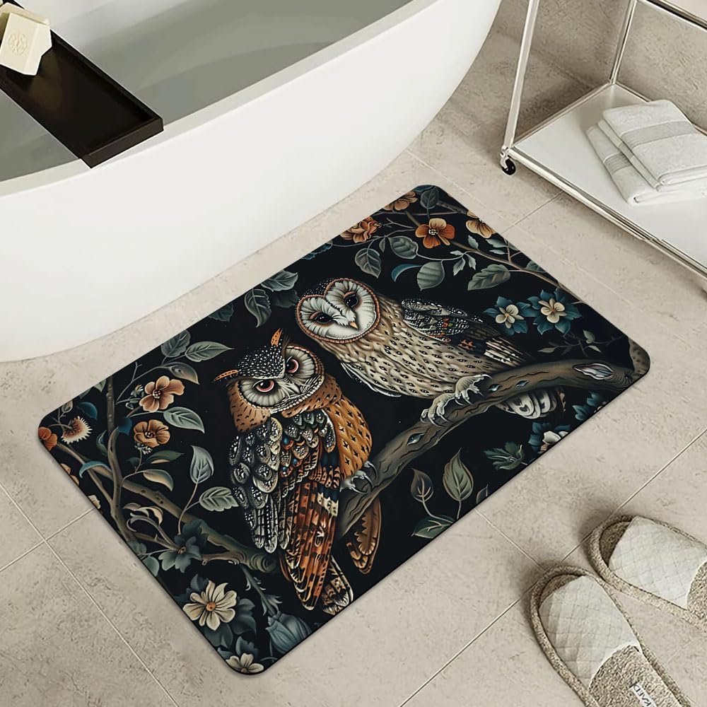 Bath Mat-Bathroom Rug，Two Owls-Absorbent Non Slip Quick Dry Stain Resistant Easy to Clean Care Shower Rug for Bathtub Shower Room 16×24Inch (40 * 60cm)