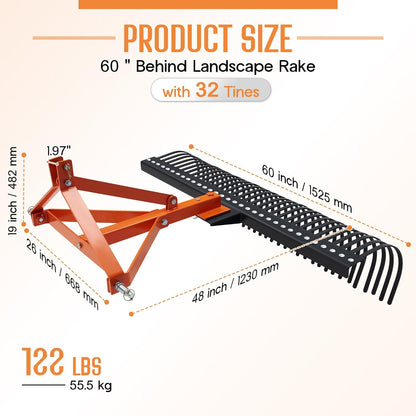 Specraft 3 Point Tow Behind Rake, 60" Adjustable Angle with 32 Steel Tines, Lawn Dethatcher Landscape Rake with Attachments for Field, Yard Cleanup