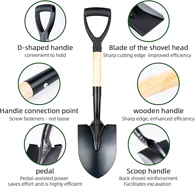 26-inch Small Square Sand and Soil Digging Pointed Shovel with D-Shaped Handle, Vehicle-Mounted Metal Camping Iron Spade, Garden Shovel, Gardening Tools with Wooden Handles (Small Pointed Shovel)