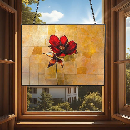 Personalized Rectangle Red Flower Stained Glass Window Hangings Stained Glass Suncatcher Birthday Gift for Mom Grandma Teacher Women Friend Memorial Hook