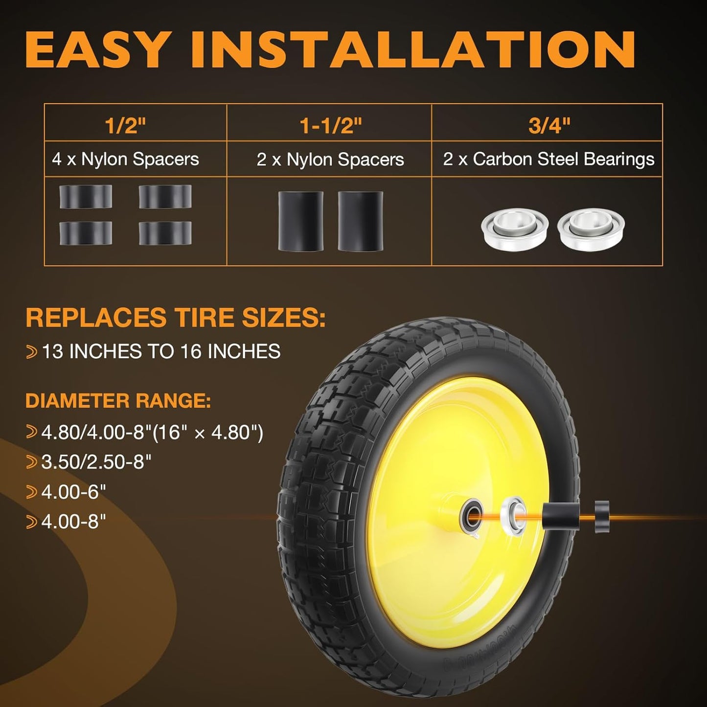 HQPASFY 16" Flat Free Tire 4.80/4.00-8 Wheelbarrow Tire and Wheel, 3" Centered Hub, 5/8" & 3/4" Bearings – Solid No-Flat Replacement for Wheelbarrows, Garden Carts, Dump Carts, Lawn Equipment