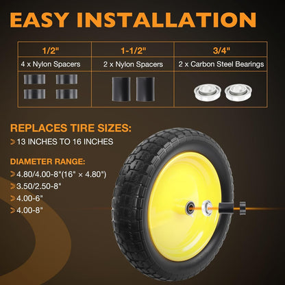 HQPASFY 16" Flat Free Tire 4.80/4.00-8 Wheelbarrow Tire and Wheel, 3" Centered Hub, 5/8" & 3/4" Bearings – Solid No-Flat Replacement for Wheelbarrows, Garden Carts, Dump Carts, Lawn Equipment