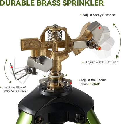 2 Pack Tripod Sprinklers for Yard,Nalupatio Impact Sprinkler on Tripod Base,Heavy Duty Brass Sprinklers,270 Degree Large Area Irrigation,3/4 Inch Connector Sprinkler with Legs Flip Locks for Lawn/Yard