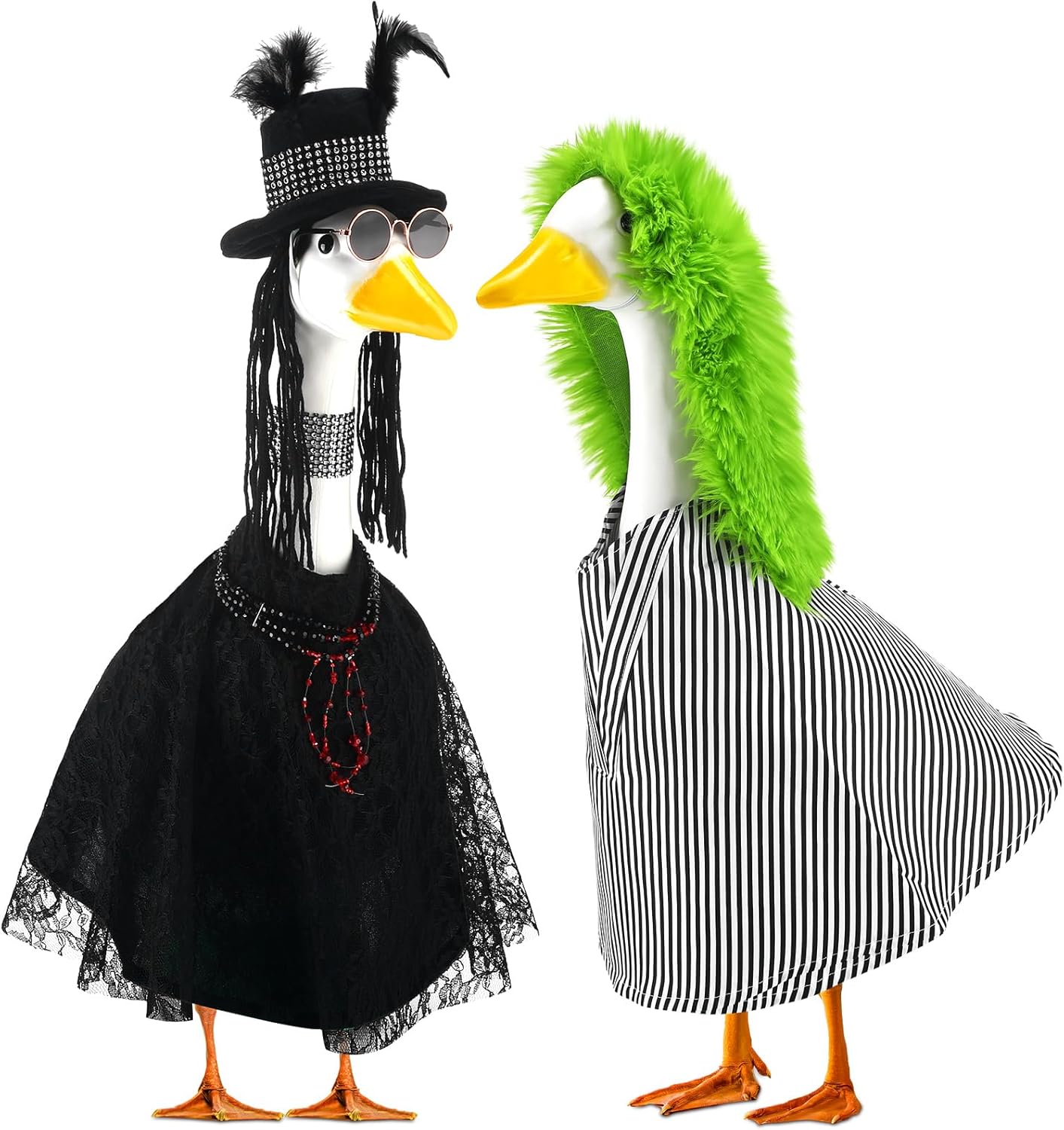 Abbylike 2 Set Halloween Goose Outfits 2024 Movie Juice Clothes Black and White Striped Cape with Green Fur Headgear Fit 23''