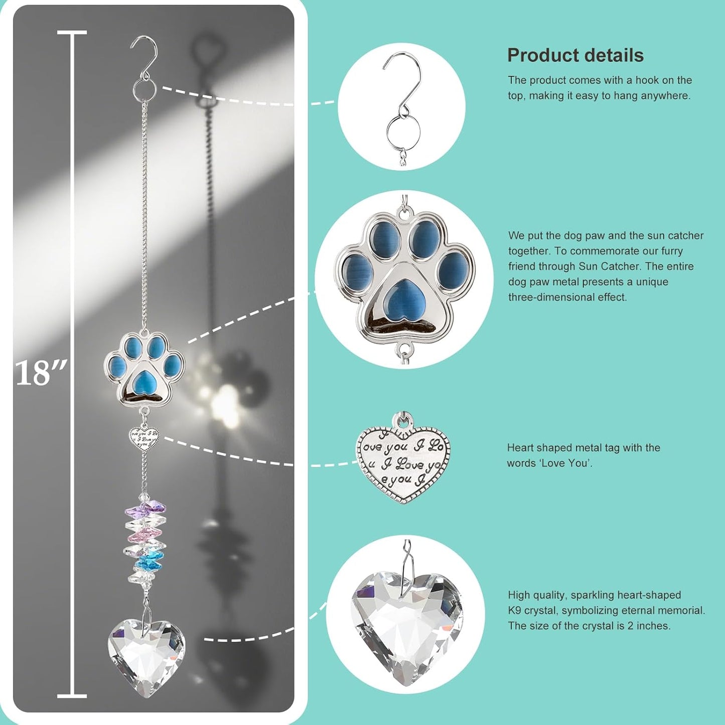 Dog Memorial Gifts for Loss of Dogs, Crystal Suncatcher & Bracelet Remenbrance Gift, Paw Print Sun Catcher Crystals Prisms Hanging Garden Decorations, Pet Sympathy Cat Bereavement Gifts (Blue)