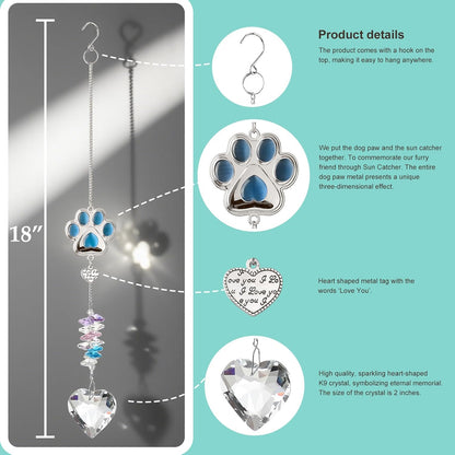 Dog Memorial Gifts for Loss of Dogs, Crystal Suncatcher & Bracelet Remenbrance Gift, Paw Print Sun Catcher Crystals Prisms Hanging Garden Decorations, Pet Sympathy Cat Bereavement Gifts (Blue)