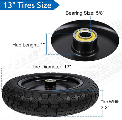 13 Inch Flat Free Wheels Tires 4.00-6 Solid Replacement with Universal 5/8" Axle Bore Hole, 16 Spacers and 8 Pins, for Wheelbarrow, Garden Wagon, Hand Truck, Trolley, Lawn Mower, 4 Pack