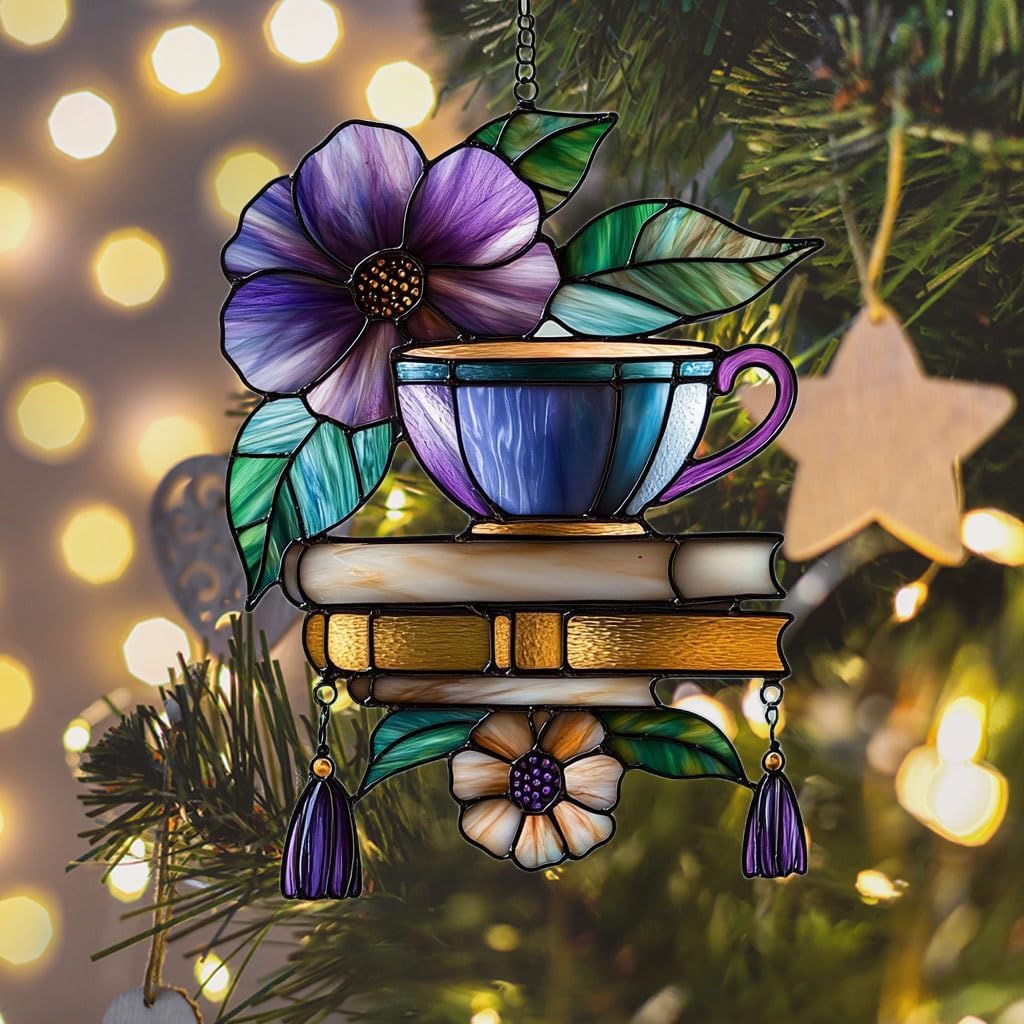 Hibiscus Tea Cup and Books Acrylic Suncatcher Stained Glass Effect Window Car Hanging Christmas Ornament Indoor Outdoor Decor Garden Sun Catcher Panel for Book Lover for Women Mom Grandma