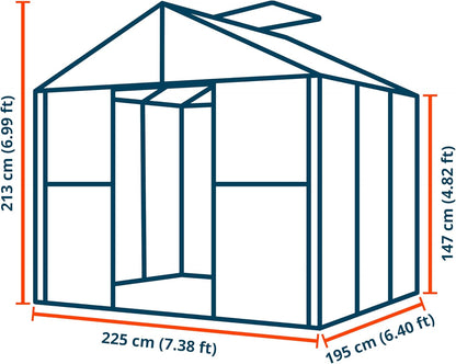 Greenhouse Topas 3 Aluminum Frame 7.4 x 6.4 ft Approx. 8 mm Polycarbonate Panels - with Bonus Base Frame and Automatic Vent Opener