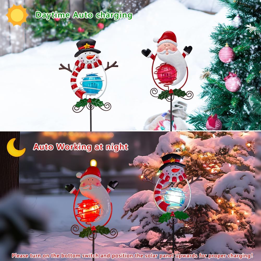 Christmas Solar Garden Lights Outdoor,2 Pack Xmas Santa Claus Snowman Solar Stake Lights,Christmas Decorations Outdoor Present for Yard Garden Patio Decor
