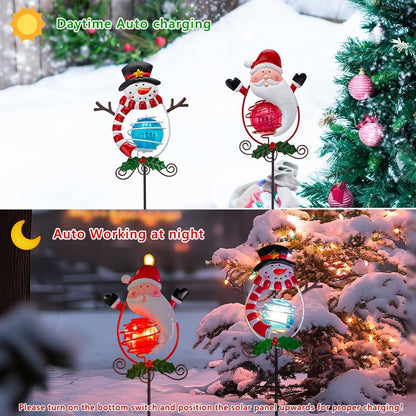 Christmas Solar Garden Lights Outdoor,2 Pack Xmas Santa Claus Snowman Solar Stake Lights,Christmas Decorations Outdoor Present for Yard Garden Patio Decor