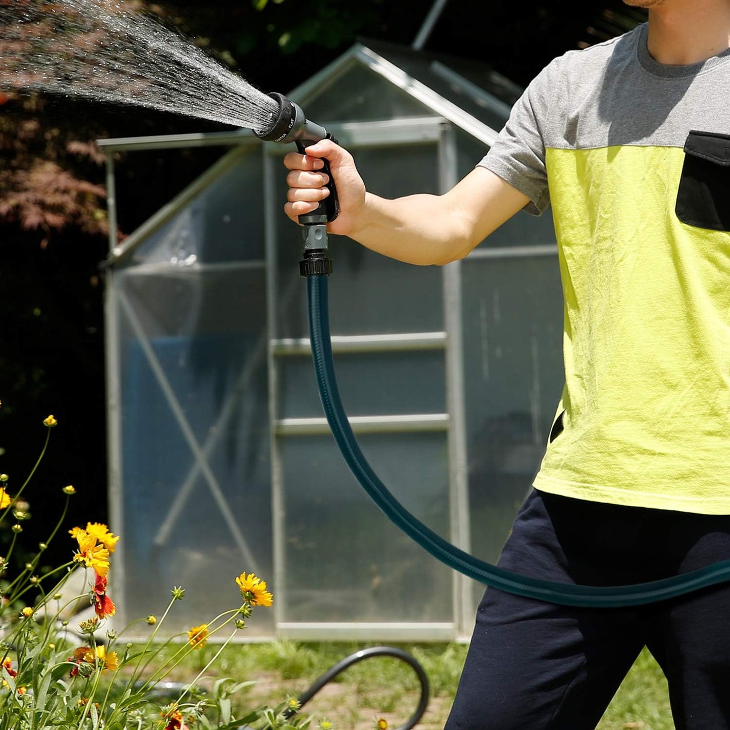 Worth Short Lead-in Green Garden Hose 5/8 in. x 4 ft. -Kink Free, No Leaking, Male/Female Fittings -Heavy Duty Durable Flexible Lightweight Water Pipe -Brass Aluminum Ends for Household & Yard Use