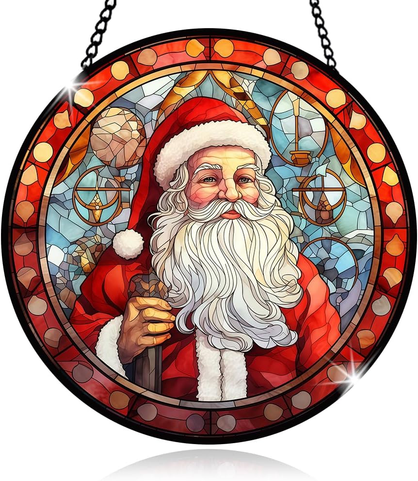 Santa Stained Glass Window Hanging, Christmas Sun Catcher Panel Decoration, Santa Ornament for Xmas, Glasswork Hanging Ornament, Christmas Glass Decor, Xmas Gifts for Winter Home