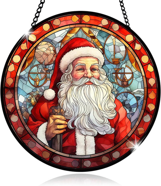 Santa Stained Glass Window Hanging, Christmas Sun Catcher Panel Decoration, Santa Ornament for Xmas, Glasswork Hanging Ornament, Christmas Glass Decor, Xmas Gifts for Winter Home