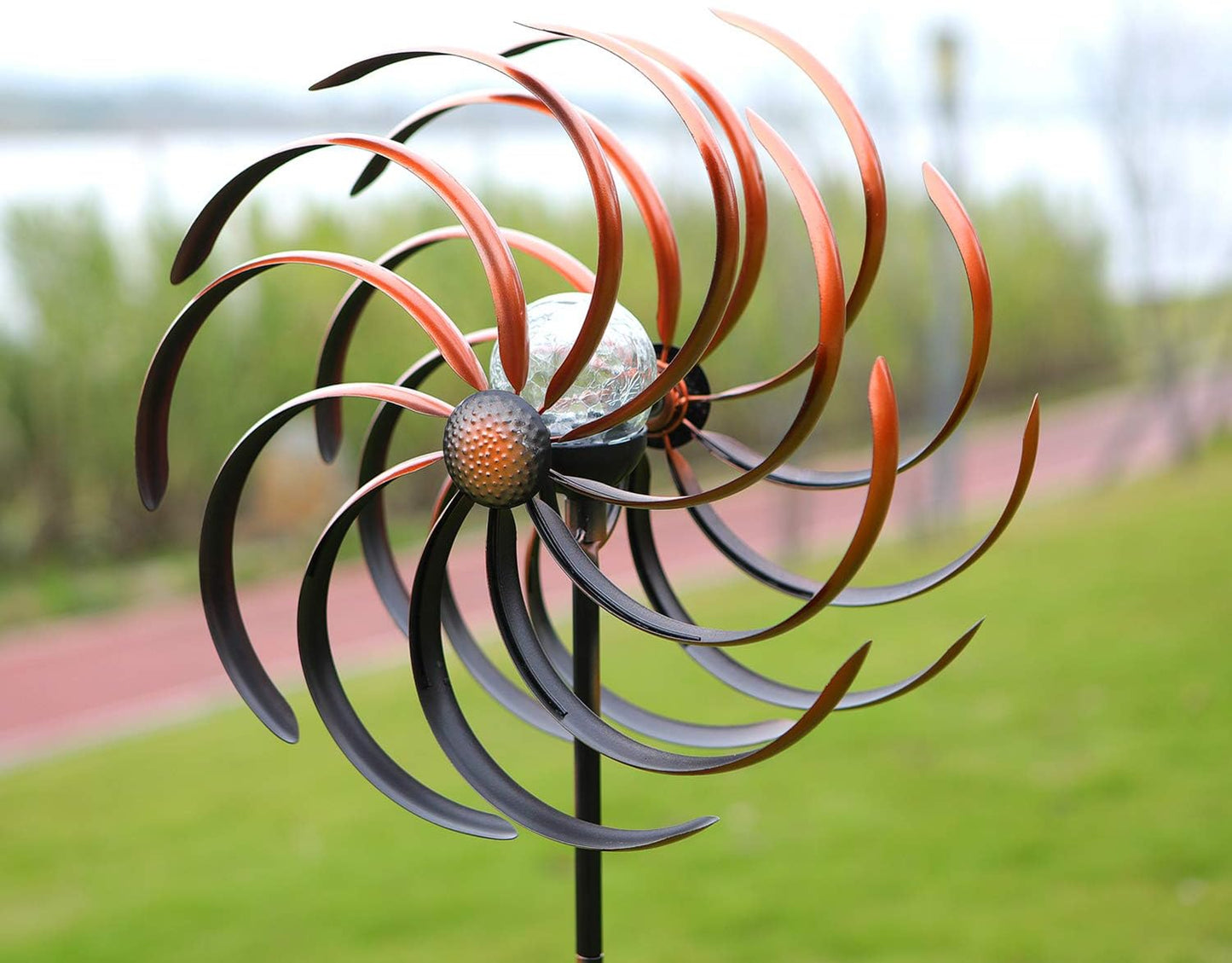 Solar Wind Spinner Improved 360 Degrees Swivel Warm White LED Lighting Glass Ball with Kinetic Wind Spinner Vertical Metal Sculpture Stake Construction for Outdoor Yard Lawn & Garden.