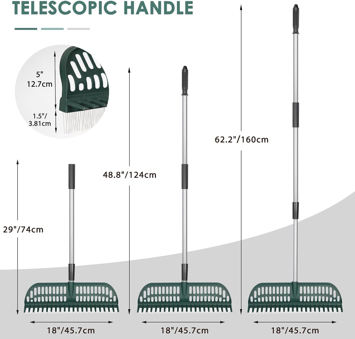 ORIENTOOLS Garden Leaf Rake 2 in 1 Turf Rake for Artificial Grass and Lawn with Telescopic Steel Handle, 49" to 63" Long