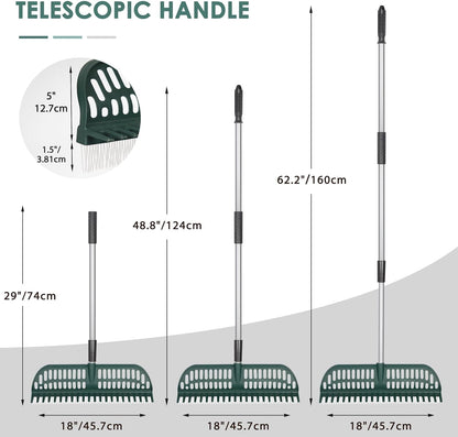 ORIENTOOLS Garden Leaf Rake 2 in 1 Turf Rake for Artificial Grass and Lawn with Telescopic Steel Handle, 49" to 63" Long