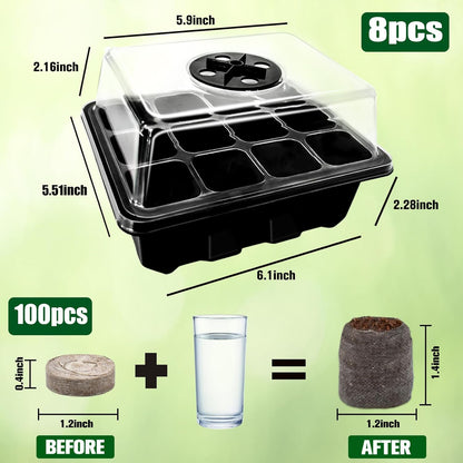 Halatool 8 Pack Seed Starter Tray with 100 PCS Peat Pellets, 96 Cells Black Plant Germination Trays for Organic Seed Starter Soil Pods for Planting Vegetables Plants Flowers Herbs - Starting Seeds Kit