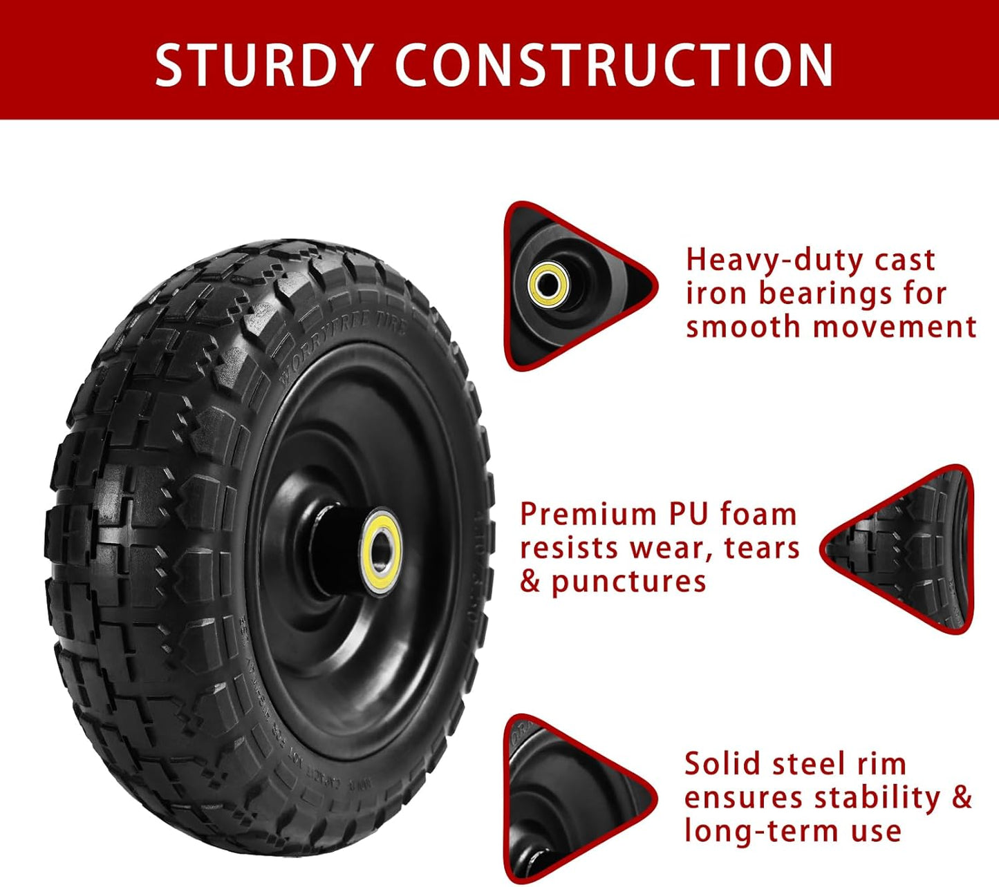 10" Solid Tires (4-Pack) - 4.10/3.50-4 Flat-Free Replacement Wheels for Gorilla Carts, Wheelbarrows, Garden Carts & Utility Wagons - 5/8" Axle Bore 2.1" Hub