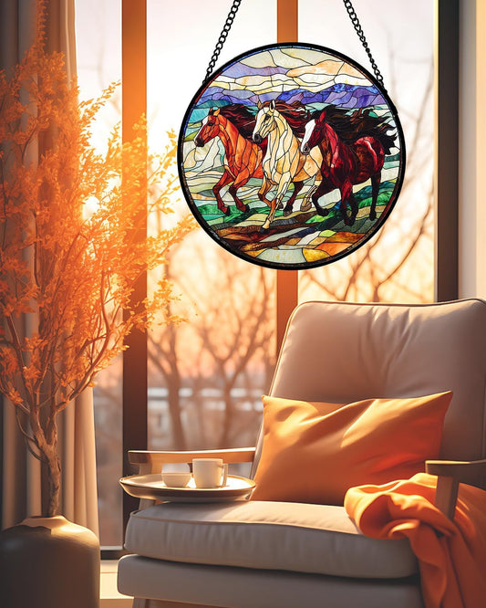 Stained Glass Window Hanging, Galloping Horses Sun Catcher for Door Home Decor Colorful Suncatcher