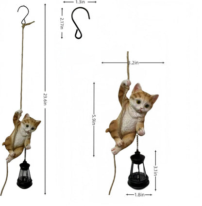 Cat Garden Decor Outdoor Statues Resin Climbing Twine with LED Light Waterproof Hanging Animal Figurine for Garden Wall Balcony Tree Decoration Gift