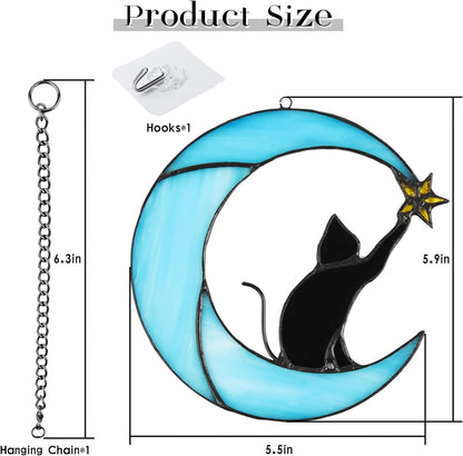 Stained Glass Cat on Moon Pick Star Window Hanging Suncatchers Memorial Gift Decor for Women (Black Cat on Blue Moon)