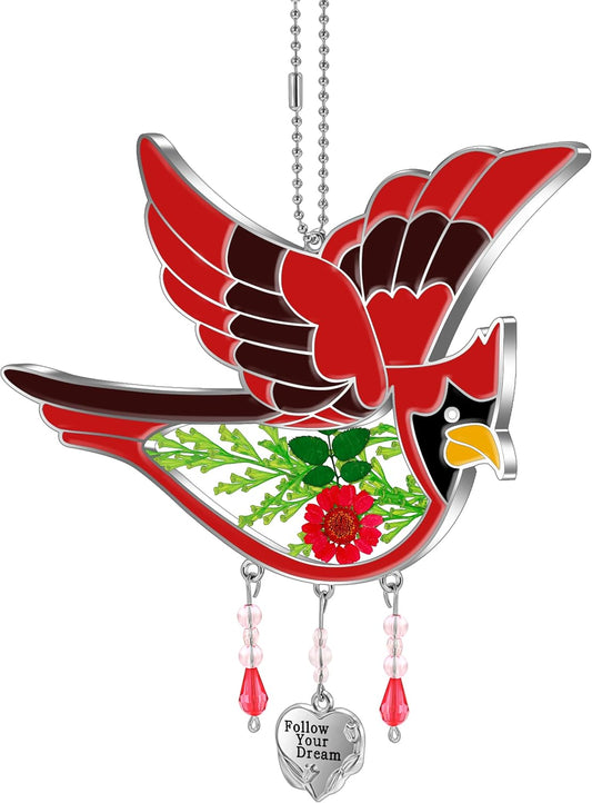 KY&BOSAM Cardinal Suncatcher Stained Glass Suncatcher for Windows Haning Wind Chime with Pressed
