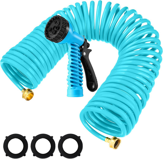 Pangda 25 Ft x 3/8'' Coil Garden Hose EVA Recoil Garden Self Coiling Expanding Water Hose with 6 Function Spray Nozzle Universal 3/4'' Brass Connector Fitting for Outdoor Yard(Blue)