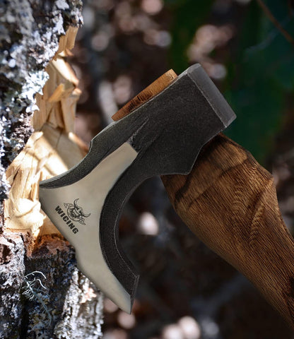 Splitting Axe, 14.8 - inch Camping Hatchet with Leather Sheath, Chopping Axe 1055 High Carbon Steel and Beech Wooden Handle